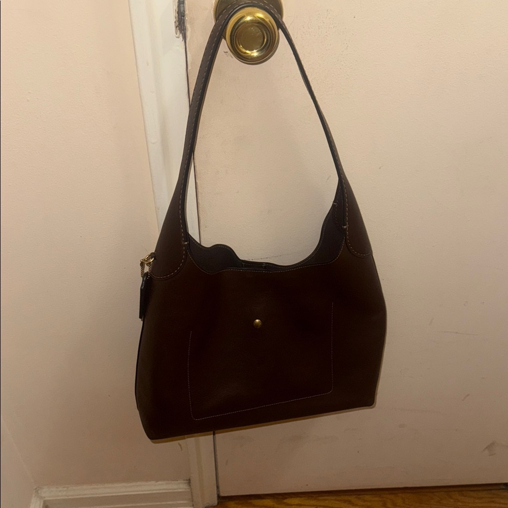Coach Brooklyn 34 Dark Brown Color Currant Leather Shoulder Bag